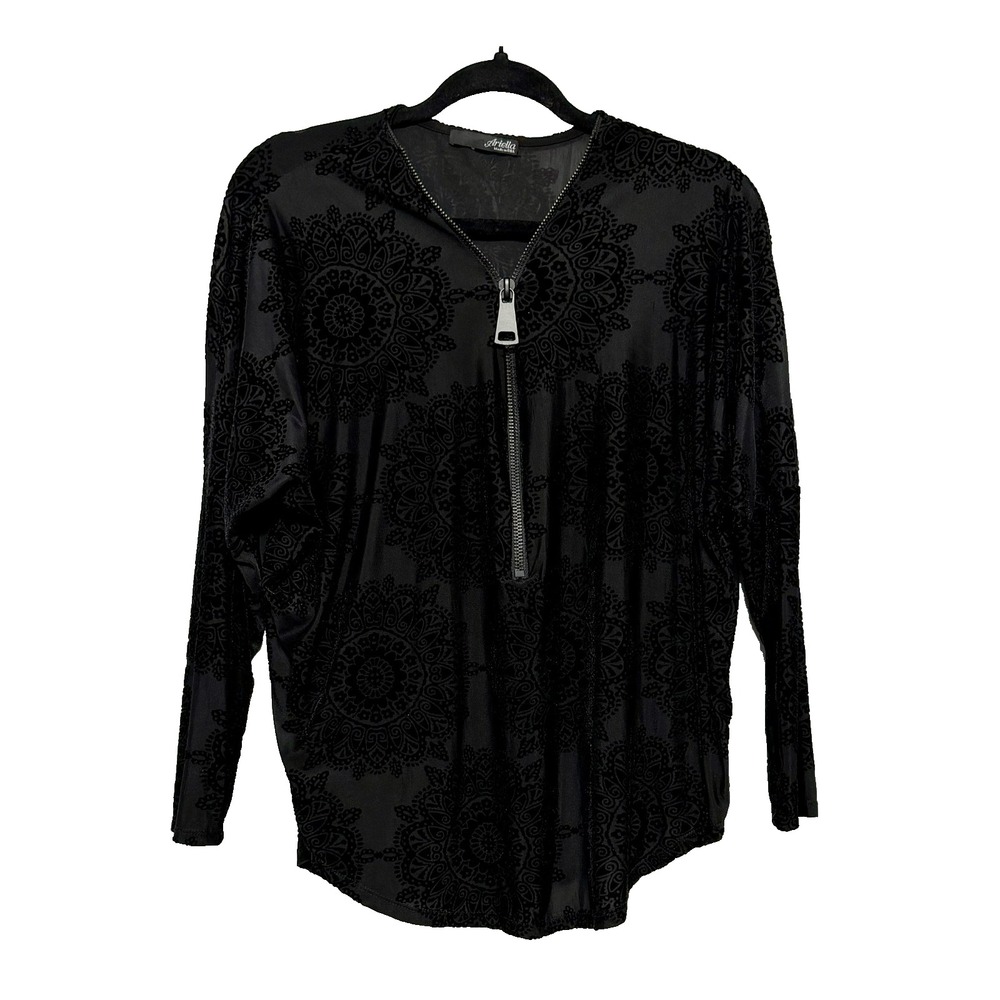 Vintage Ariella Whimsigoth Velvet Burnout 1/2 Zip Top Womens Size L Fairy Grunge